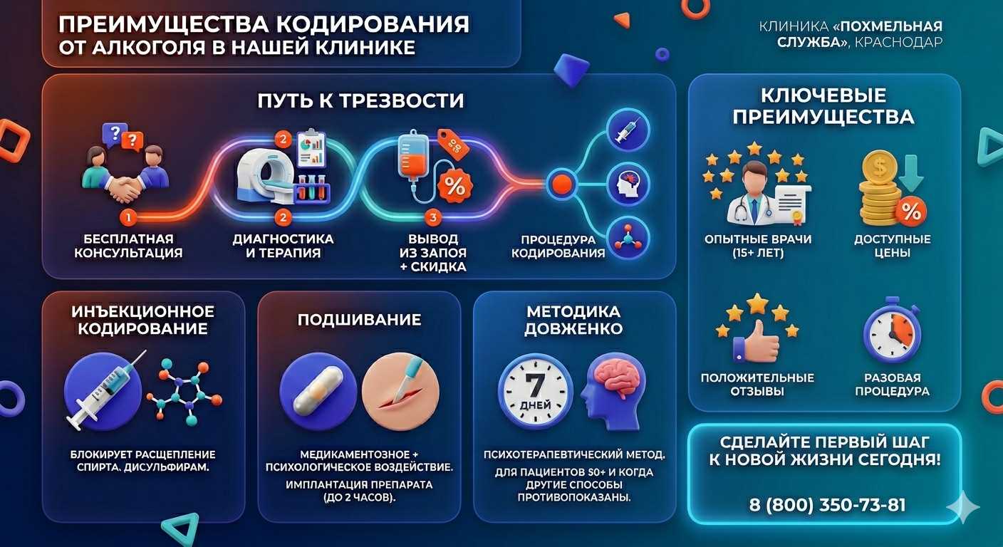 Инфографика о методах кодирования от алкоголя в Ладожской: инъекции, подшивание, метод Довженко. Преимущества клиники и этапы лечения.